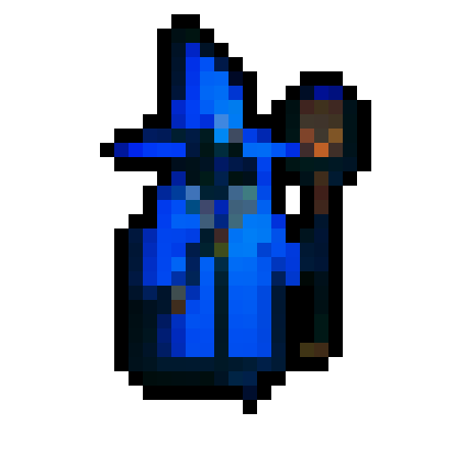 wizard with blue robes, blue wizard hat, brown staff, golden necklace with sun pendant, flat white background for the background of the image that is not the character