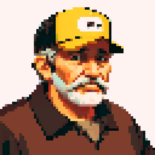 portrait, sprite art, old man, store clerk, rustic, soft eyes, trucker, smoker