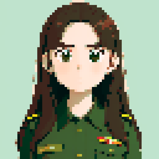 young girl, large round eyes, brown hair, brown eyes, wearing combat green army uniform, upper body close-up, transparent background, clean and detailed, game icon, centered composition, beautiful girl, long flowing hair, detailed eyes, slim figure, soft smile, round face