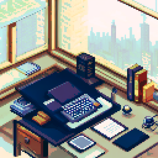 president office, elegant desk, leather chair, vintage typewriter, stack of official documents, golden pen, framed landscape painting, tall bookshelf, dimly lit desk lamp, large window with cityscape view, pixelated art
