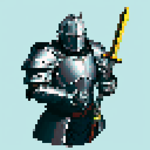 Knight in heavy armour, holding a big greatsword. Dangerous but honorable. Top-down orthographic perspective.