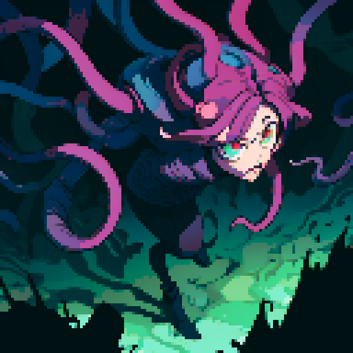 eldritch being, tentacles writhing, full body floating, brain pulsating, many eyes staring, eyeballs bulging, sRGB pixel art