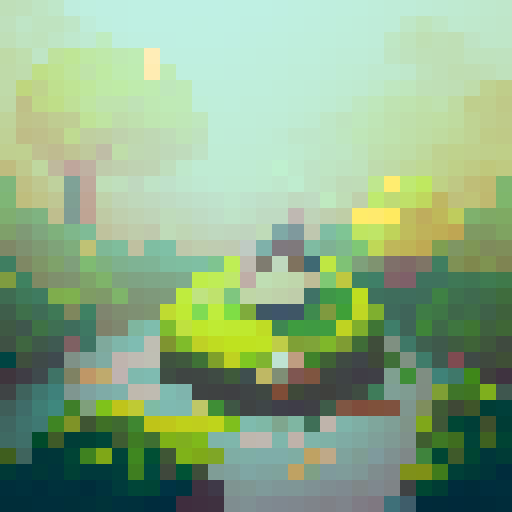 Totoro, surrounded by lush green trees, sitting on a moss-covered stone, with raindrops falling around, in vibrant pixel art style