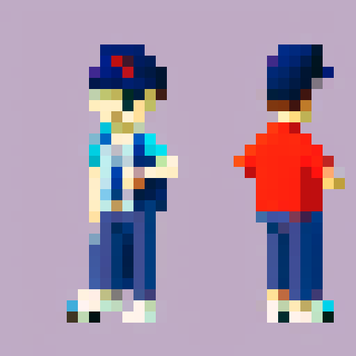 Pixelated school boy, age 10, with a smile on his face, wearing a baseball cap. Looks like Nes from Earthbound. Should have a cartoonish look.