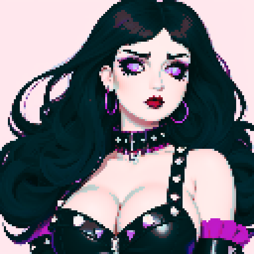 curvy, cute busty goth woman's face, whole head portrait, black hair, purple eyeshadow, red lipstick, low cut black studded leather halter top, studded collar, vibrant sRGB colors, edgy aesthetic.