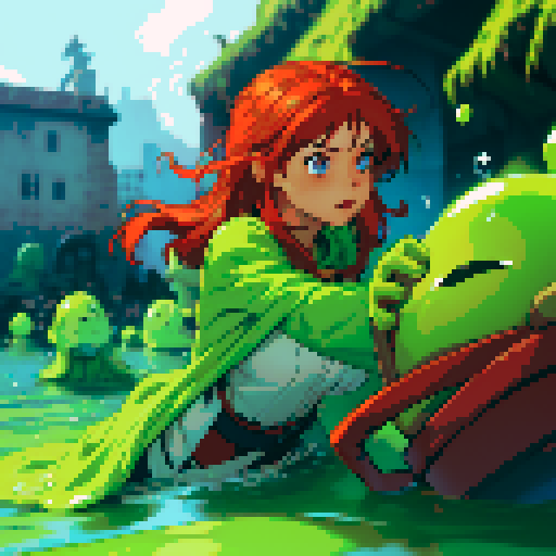 hero sinking into slime, hero drowning in slime, hero has red hair