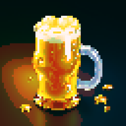 beer foam overflowing, frothy bubbles, golden amber liquid, carbonation bubbles, transparent glass, wooden tap handle, shiny metal tap, retro arcade game aesthetic, vibrant pixel art colors, crisp and vibrant sRGB palette