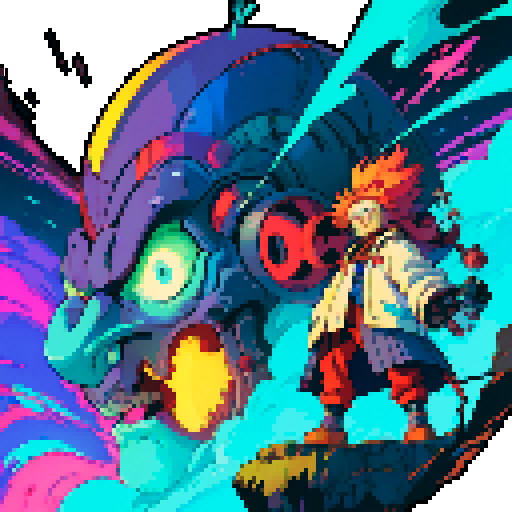 fat mad scientist, giant robot, facing left, vibrant colors, exaggerated features, pixelated details, mechanical limbs, swirling chemical potions, laboratory backdrop, sRGB color palette