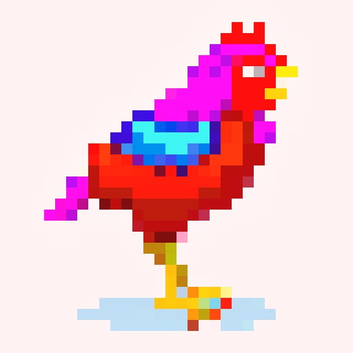 side view of vibrant, feathered pixel art chicken with a proud stance, vivid colors, intricate detailing, retro video game aesthetics