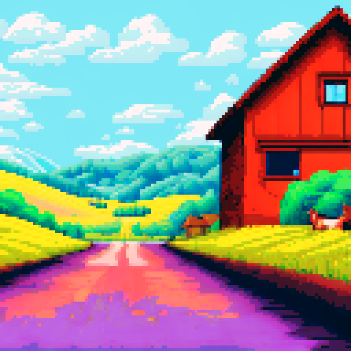 Rolling hills covered in golden wheat fields, a red barn nestled in the distance, a flock of geese flying overhead against a clear blue sky, all in a pixel art style with a sRGB background