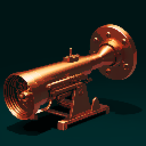 I want a copper rotary machine gun viewed from from the side. I want this object usable an asset in a videogame, meaning only one object per image, outlined with a strong black stroke, on a solid-color background.