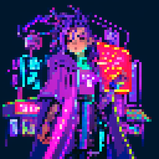 magic mage cyberpunk girl with vibrant purple hair, glowing tattoos, and a flowing cloak, surrounded by holographic neon signs and futuristic market stalls, all rendered in pixel art with a vivid sRGB color palette