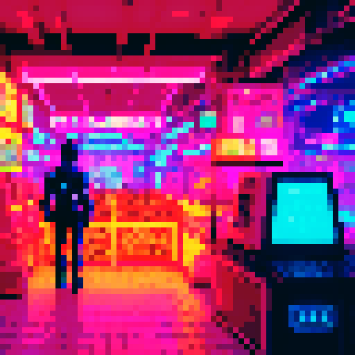 Side-scrolling, cyberpunk, interior, neon-lit, bustling market, with futuristic vendors, towering holographic billboards, hovering drones, and pixelated characters