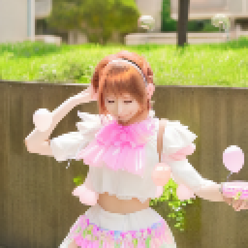 Full body anime-style portrait of a birthday girl in a pink frilly dress, holding a cake with lit candles, surrounded by balloons and confetti.