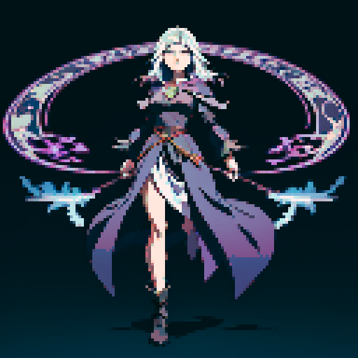 full-body image, sorceress facing right, sorceress ready to fight, evil sorceress, floating, arms out, magic circles, magic power, spell, evil sorceress, evil witch, magic symbols, ultimecia, final fantasy, sRGB, pixel art, evil outfit