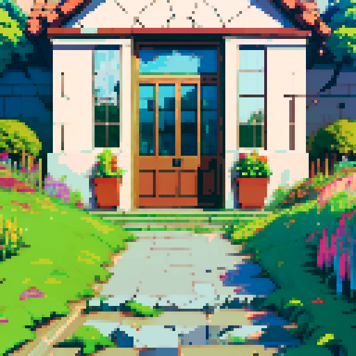 i want to create a really big map with a lot of images that are easy to rearrange. This image should portrait a building in pixel art with a front door and some windows