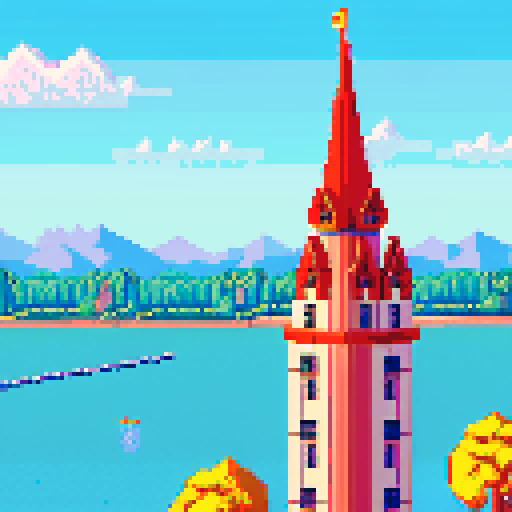 high school towering overlooking a bay, morning, forest, river, 