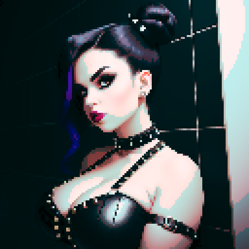 curvy, busty goth girl with studded collar, wearing halter top, hair in buns, in a full face portrait with a glamour shot aesthetic, against a moody tile backsplash, capturing an edgy pixel art style in sRGB