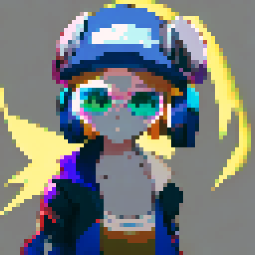 Young blonde girl, with yellow eyes, donning a beige cowboy hat topped with goggles, wearing a white crop top, and sporting a robotic arm, all in 16-bit pixel art with an anime style