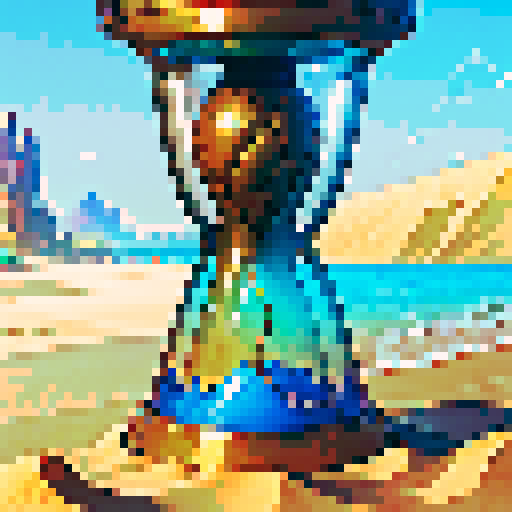 hourglass, sand flowing, retro colors, intricate details, transparent glass, shiny sand particles, modern design