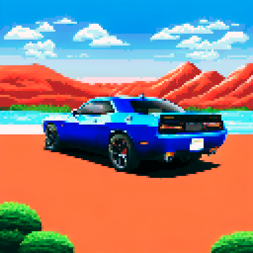 Photorealistic, centered Dodge Challenger in a three quarter view, right wheel in front, clean background, pixel art style with sRGB colors
