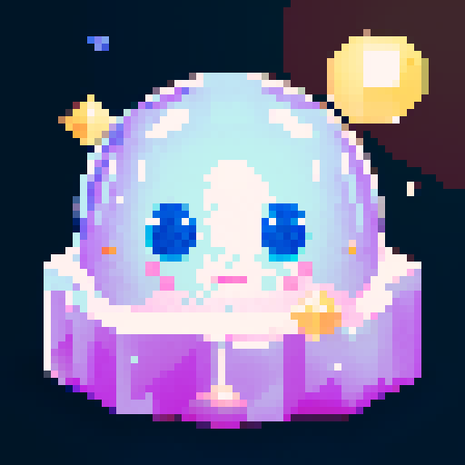 A sparkling, semi-transparent slime with a crystalline structure. It has shimmering facets, bright eyes, and a cheerful smile, with light reflecting inside. No background.
