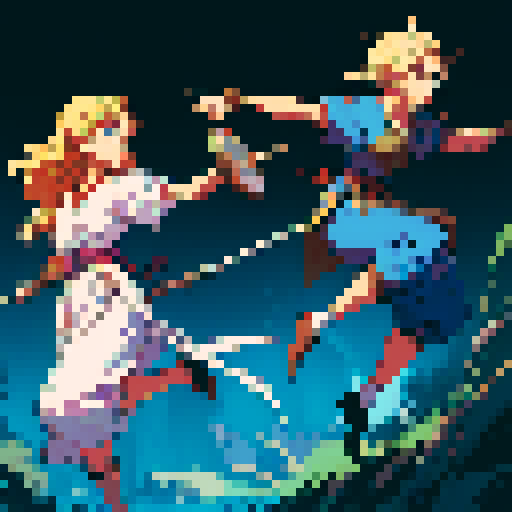 Create a detailed pixel art sprite sheet, a character that will be based on the paraguayan myth Jasy Jatere. he is a blonde boy with long hair and bright blue eyes and carries a snake headed staff. Each sprite should be contained within a box. The sheet should contain the following character actions: frames of a side-view idle, frames of a side-view running, 4 frames of side-view jumping, 5 frames of side-view throwing a spear, 5 frames of a side-view