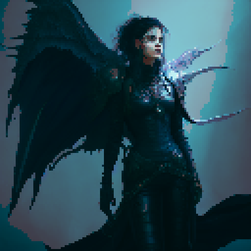 Final Boss, with demon wing, angel wing, wielding a long sword, flowing long black hair, wearing boots and a leather outfit, exuding an evil aura, in a fantasy RPG style