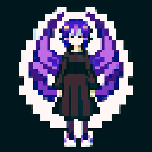 Purple Haired anime girl wearing black clothes with one angel wing 
