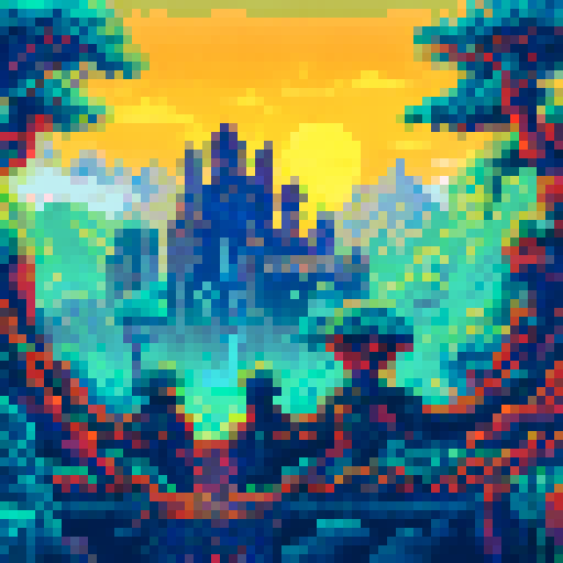 Ancient temple hidden in a jungle, surrounded by mist and guarded by stone statues, with a colorful sunrise peeking over the mountain range in the background