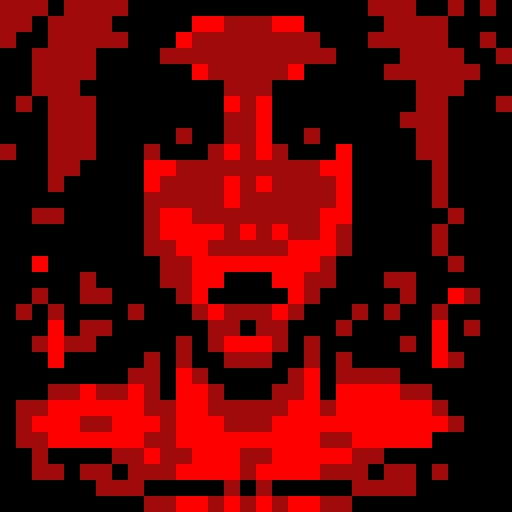 Psychosis, distorted facial features, vibrant colors, pixelated details, sRGB palette, close-up shot, skill art, intense gaze, game icon, 32x32 pixel art, close-up portrait