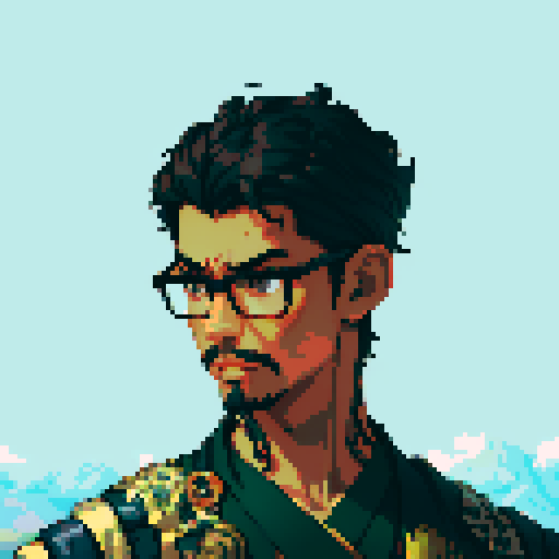 Southeast Asian man, short curly hair, round glasses, tanned, goatee, diamond shaped face, black eyes, age 25, wearing a robe