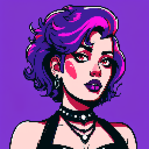 Plus size curvy, cute, busty greaser goth girl, with purple hair, black eyeshadow, red lipstick. Large breasts, large chest, voluptuous wearing halter top and studded collar. Posing for sexy photo. whole head portrait, avatar photo. vibrant sRGB colors, pixel art, edgy aesthetic