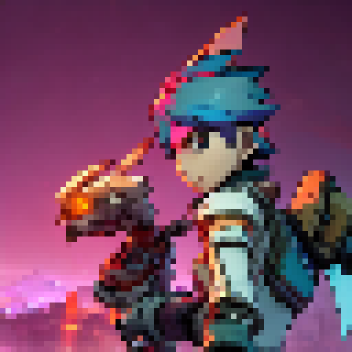 Zero from Borderlands 2, wielding his sword with fierce determination, stoically stares down at a plump, white chicken perched on his shoulder in a vibrant anime style.