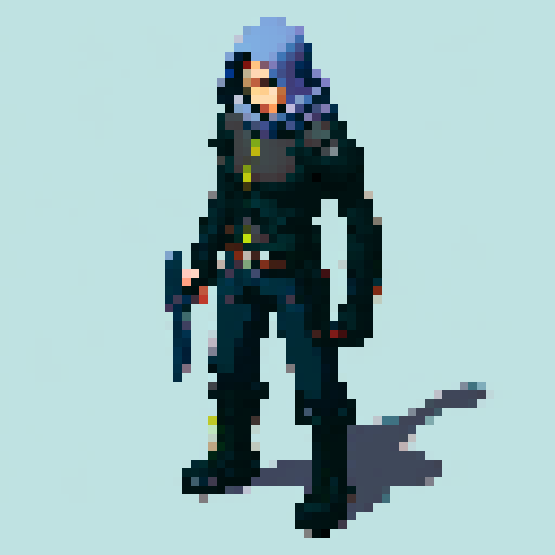 Game character rogue-like game with top view, regular guy with weapon and hand pet, cyberpunk, gray background, 16-bit, controls time, gray background