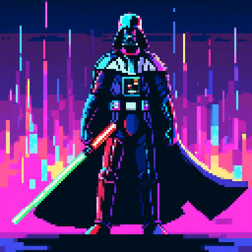 Darth Vader, menacingly standing tall, surrounded by vibrant pixelated lightsabers, emanating an intense neon glow in a mesmerizing sRGB color palette