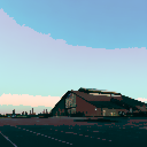 Building at night, illuminated by a vibrant city skyline, showcasing a pixelated, sRGB-inspired art style, with a mesmerizingly detailed background and a captivating landscape