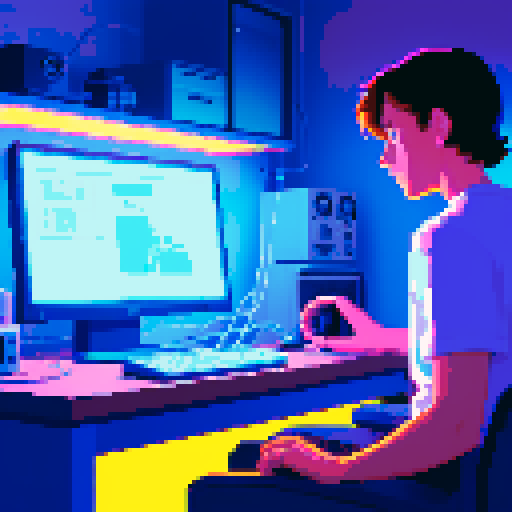 solo male protagonist, sitting at retro desk cluttered with cables and gadgets, illuminated by the soft glow of a pixelated computer screen in a dimly lit room