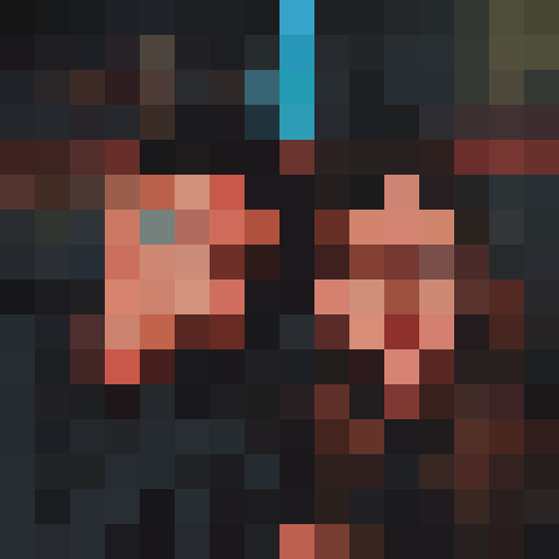 Intense, glaring eyes peering out from a pixelated, close-up 16x16 portrait with sharp lines and stark contrast, the subject appearing as if from a retro video game icon