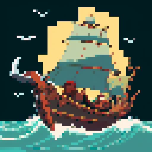 Viking warrior sailing on a longship, fierce and bearded, with a horned helmet, holding a battle axe, amidst stormy waves, in vibrant pixel art with sRGB colors