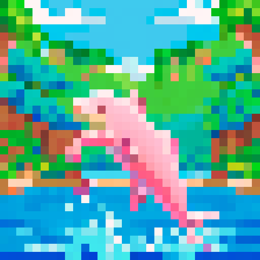 a pink dolphin jumping in a river in the middle of a rainforest