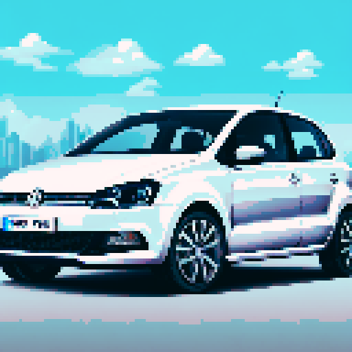 Photorealistic whole Volkswagen Polo, centered, three-quarter view, right front wheel, clean background, realistic colors, pixel art style