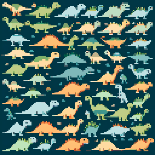 a collection of various dinosaur sprites tessellated into each other modern cross stitch style muted natural tones 
