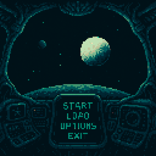 cockpit view of space, spaceship, realistic, alien style, 4 colors palette, game menu screen