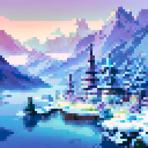 Towering skyscrapers, snow-capped mountains, a shimmering lake, and a palm tree oasis all come together in a pixel art landscape of Dubai in winter, set against a vibrant sRGB background