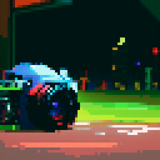 vibrant red and blue pixelated shapes, futuristic cityscape at dusk, towering skyscrapers, neon signs