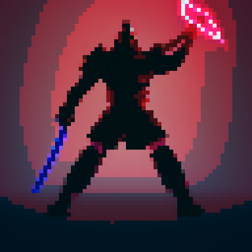 "Futuristic samurai wielding neon swords slashes through an army of metallic robots, their sleek forms rendered in vibrant pixel art."