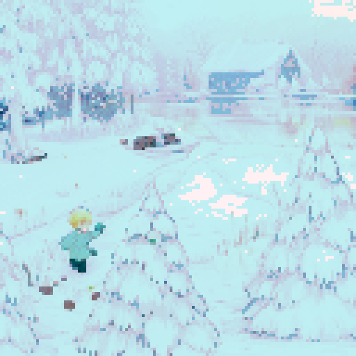 White winter wonderland, frozen lake, trees, boy with green shirt