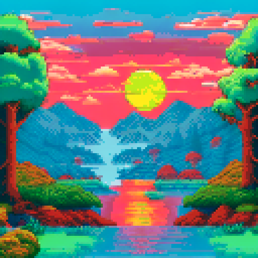 a serene landscape of trees and water, and a sunrise. use of colors of red blue yellow and green.