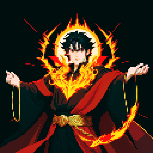 Dark Evil Male Wizard with black hair and bright eyes, wearing a red and black robe with golden-trimmed lining, conjuring a blazing fireball in a fantasy RPG style